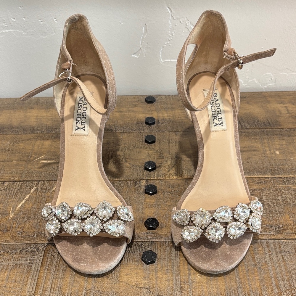 Badgley Mischka Champagne Jeweled Ankle-Strap Heels